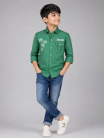 Boys Trendy Emerald Green Graphic Casual Shirt - Image 4