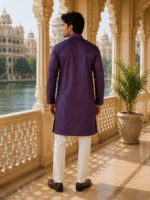 Royal Purple Embroidered Silk Kurta for Men - Image 2