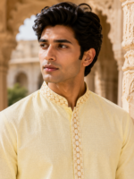 Sun-Kissed Pastel Yellow Embroidered Cotton Kurta for Men - Image 4