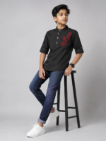 Boys' Black Mandarin Collar Kurta with Red Floral Embroidery - Image 5