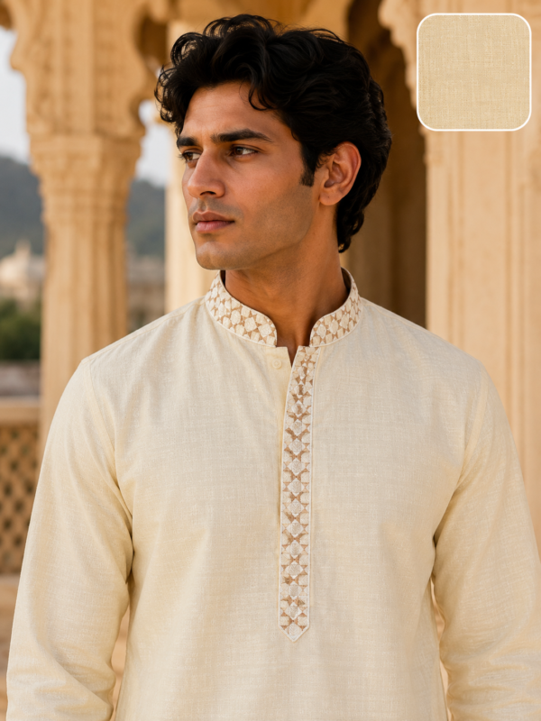 Classic Cream Embroidered Ethnic Kurta for Men - Image 5