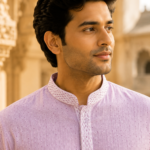 Lilac Textured Cotton Blend Mandarin Collar Kurta