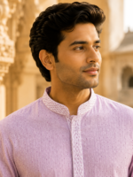 Lilac Textured Cotton Blend Mandarin Collar Kurta