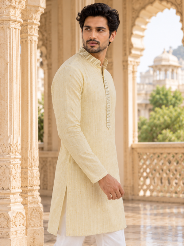 Imperial Beige Embroidered Cotton Silk Kurta for Men - Image 3