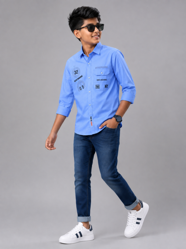 Boys' Premium Sky Blue Casual Shirt with Back Logo Graphic - Image 2