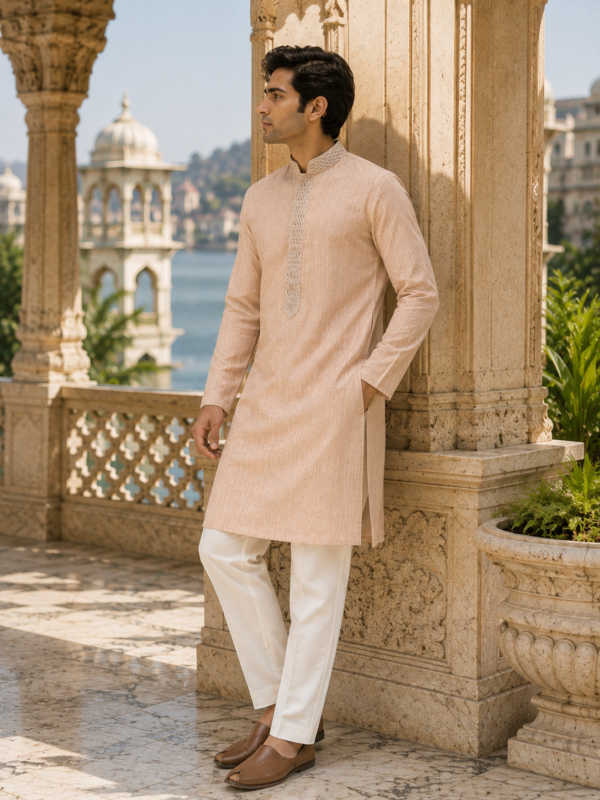 Elegant Blush Peach Embroidered Men's Kurta - Image 2