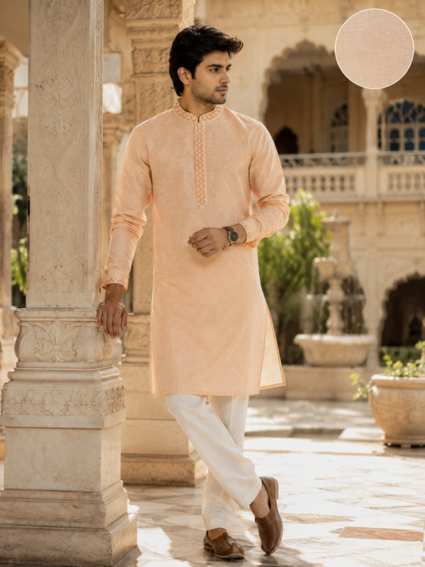 Elegant Peach Embroidered Kurta Set for Men - Image 5
