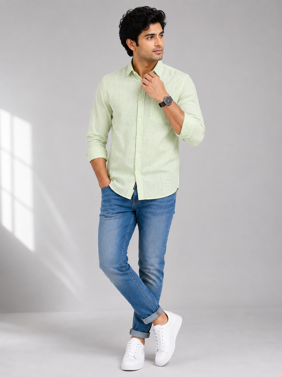 8140c0d8-1459-40c2-ba4e-5f897c8d952b-2 Light Green Textured Men's Casual Shirt - Image 1