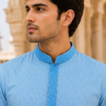 Sky Blue Embroidered Cotton Blend Ethnic Kurta