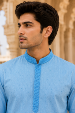 Sky Blue Embroidered Cotton Blend Ethnic Kurta