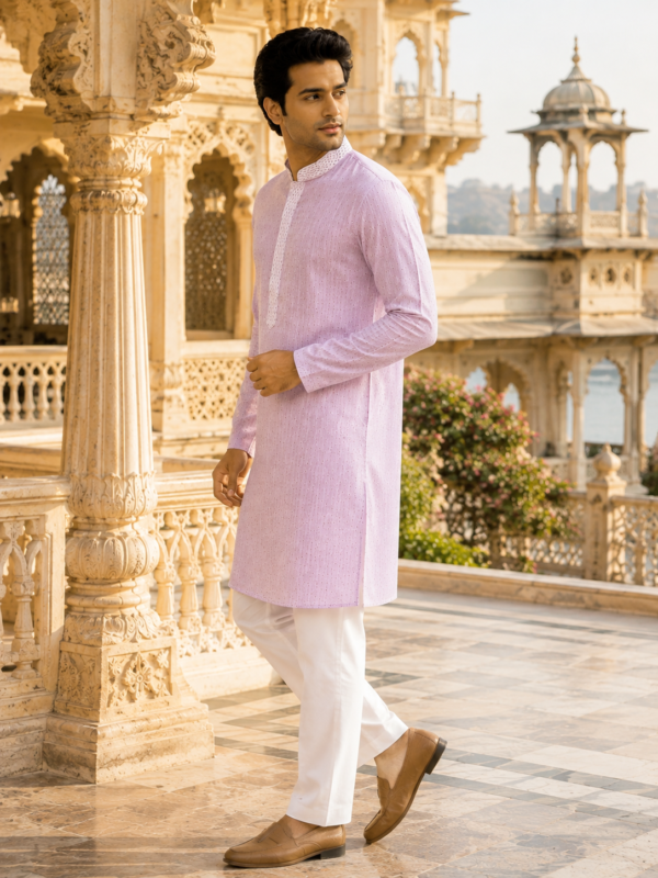 Lilac Textured Cotton Blend Mandarin Collar Kurta - Image 3