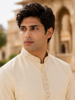 Classic Cream Embroidered Ethnic Kurta for Men