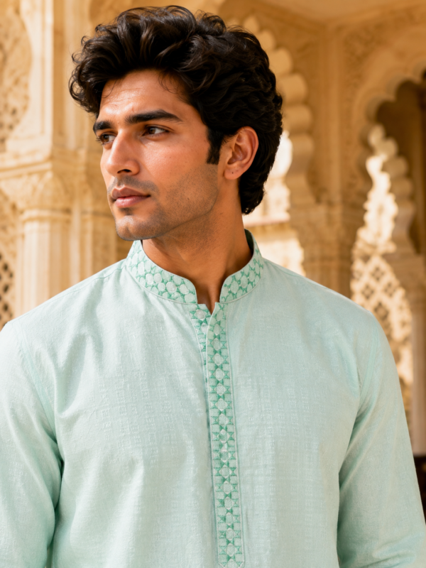 Ethereal Mint Textured Ethnic Kurta for Men - Image 5