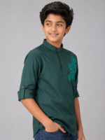 Boys' Dark Teal Floral Embroidered Cotton Kurta Shirt - Image 3
