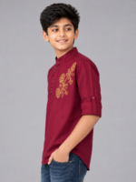 Boys Maroon Embroidered Mandarin Collar Kurta Shirt - Image 2