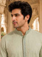 Sage Green Embroidered Ethnic Kurta for Men