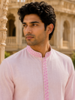 Pastel Pink Embroidered Cotton Kurta Set for Men - Image 4
