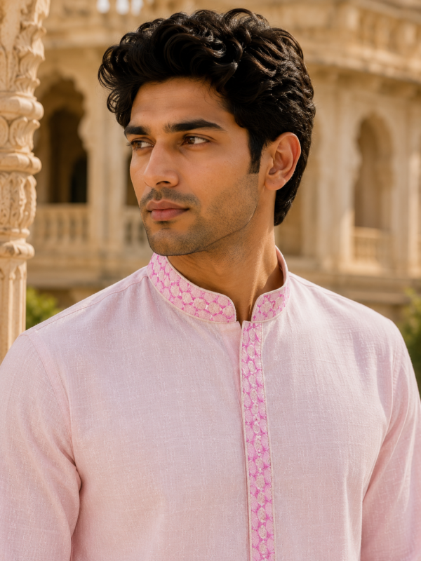 Pastel Pink Embroidered Cotton Kurta Set for Men - Image 4