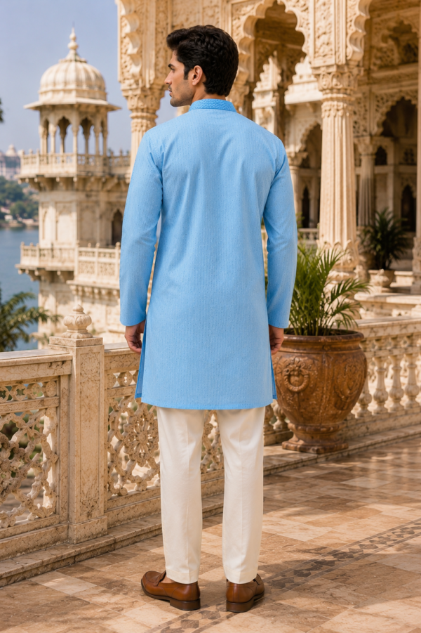 Sky Blue Embroidered Cotton Blend Ethnic Kurta - Image 2