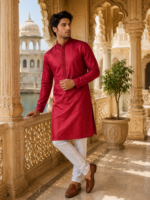 Royal Crimson Jacquard Men's Kurta with White Trousers - Image 3