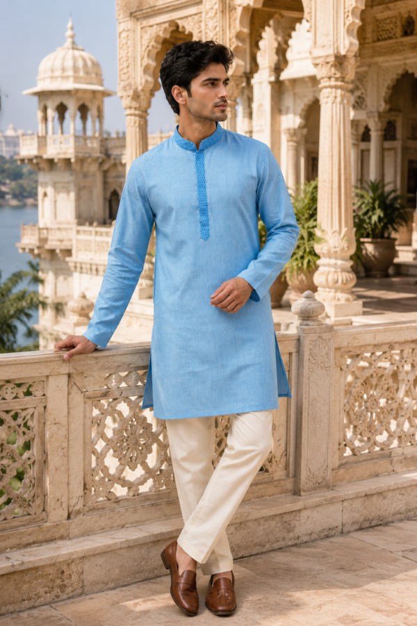 Sky Blue Embroidered Cotton Blend Ethnic Kurta - Image 4