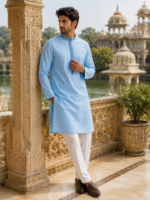 Sky Blue Textured Cotton Ethnic Kurta with Embroidered Placket - Image 5