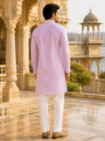 Lilac Textured Cotton Blend Mandarin Collar Kurta - Image 4