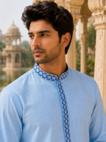 Sky Blue Textured Cotton Ethnic Kurta with Embroidered Placket - Image 2