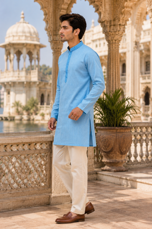 Sky Blue Embroidered Cotton Blend Ethnic Kurta - Image 3