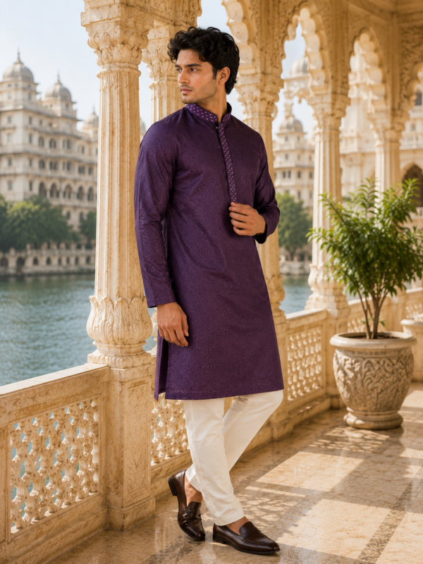 Royal Purple Embroidered Silk Kurta for Men - Image 3