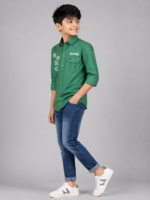 Boys Trendy Emerald Green Graphic Casual Shirt - Image 3
