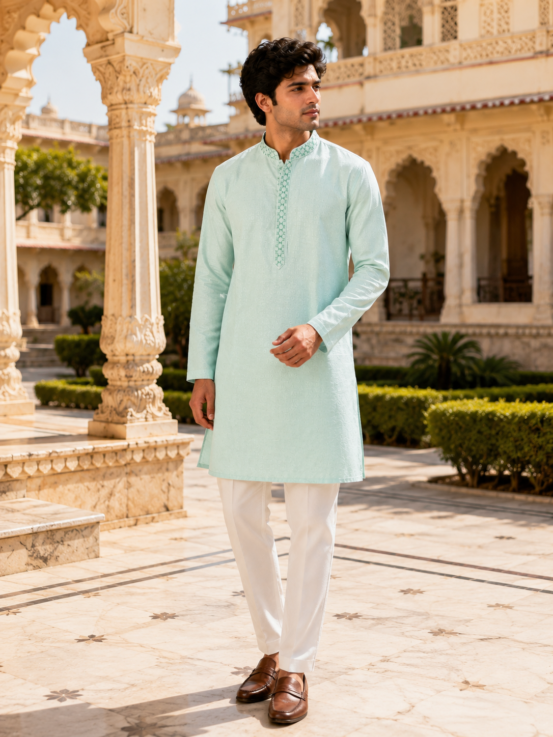 b74e81e3-bd37-4efc-a37c-5e7e6d20a673 Ethereal Mint Textured Ethnic Kurta for Men - Image 1