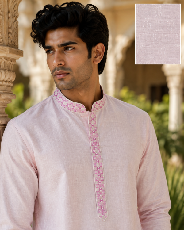 Pastel Pink Embroidered Cotton Kurta Set for Men - Image 5