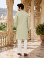 Sage Green Embroidered Ethnic Kurta for Men - Image 2