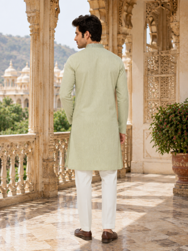 Sage Green Embroidered Ethnic Kurta for Men - Image 2