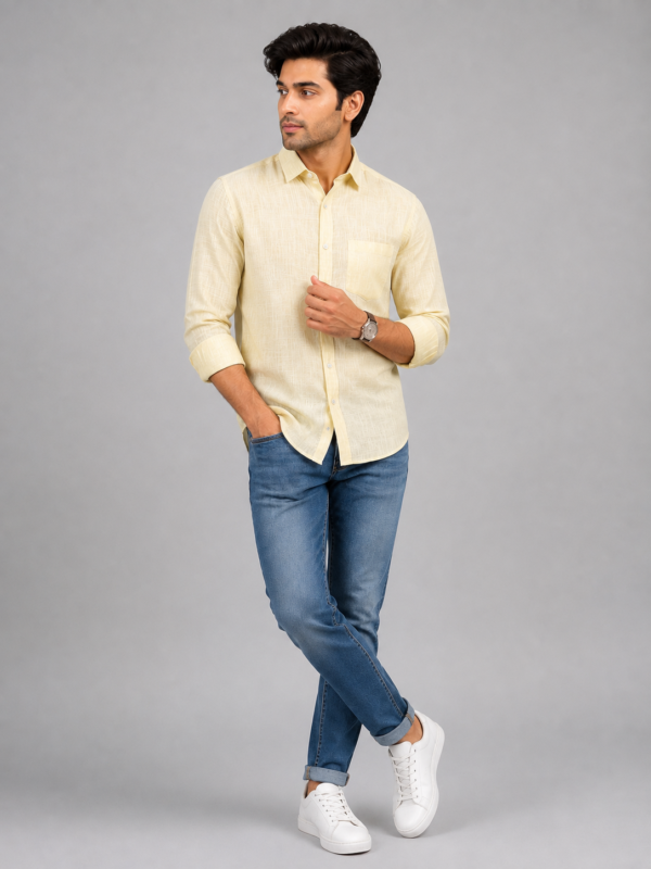 Men's Premium Light Yellow Textured Linen Casual Shirt - Image 3