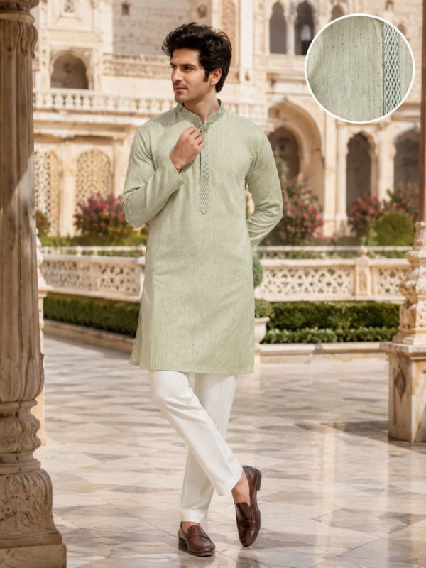 Sage Green Embroidered Ethnic Kurta for Men - Image 5