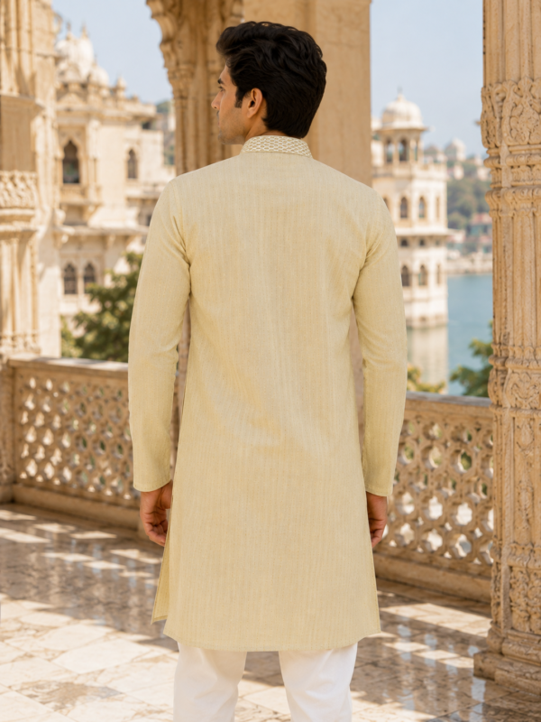 Imperial Beige Embroidered Cotton Silk Kurta for Men - Image 5