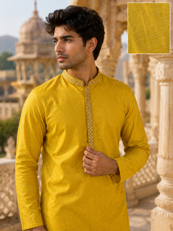 Sun-Kissed Mustard Embroidered Kurta for Men - Image 4