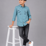 Boys' Graphic Teal Casual Button-Down Shirt