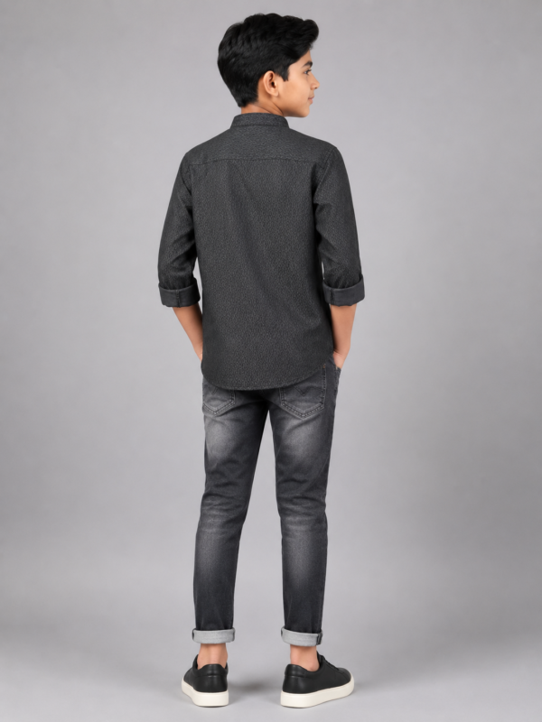 Boys' Charcoal Grey Textured Ethnic Kurta & Slim-Fit Denim Set - Image 3