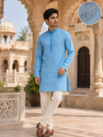 Sky Blue Embroidered Cotton Blend Ethnic Kurta - Image 5