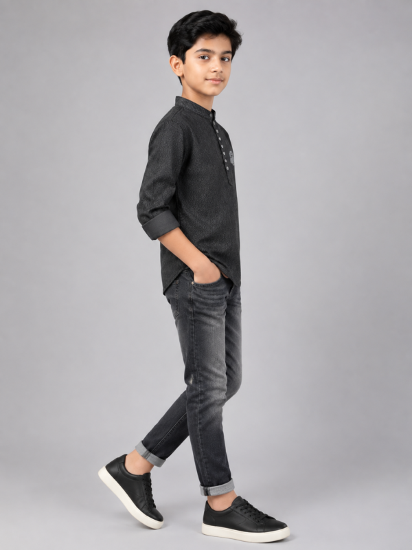Boys' Charcoal Grey Textured Ethnic Kurta & Slim-Fit Denim Set - Image 2