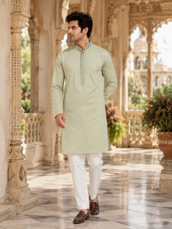 Sage Green Embroidered Ethnic Kurta for Men - Image 4