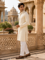 Classic Cream Embroidered Ethnic Kurta for Men - Image 2