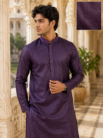 Royal Purple Embroidered Silk Kurta for Men - Image 5