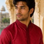 Royal Crimson Jacquard Men's Kurta with White Trousers
