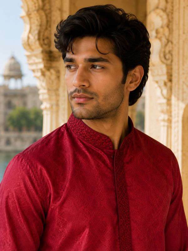 Royal Crimson Jacquard Men's Kurta with White Trousers - Image 4