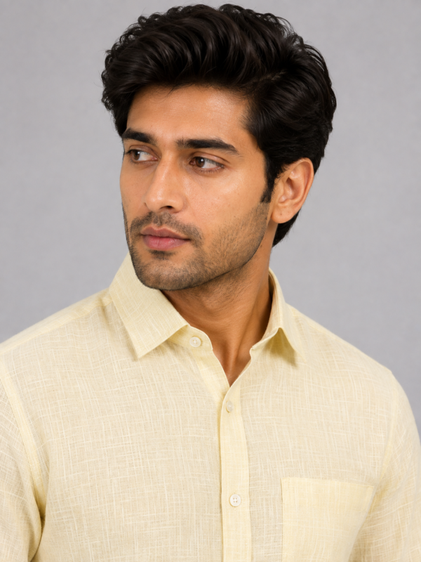 Men's Premium Light Yellow Textured Linen Casual Shirt - Image 4