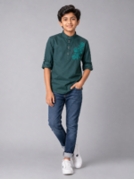 Boys' Dark Teal Floral Embroidered Cotton Kurta Shirt - Image 4